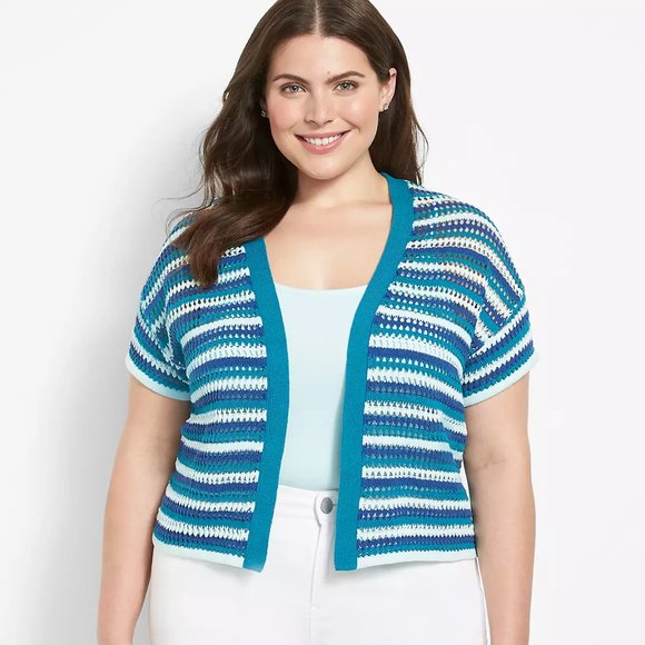 Lane Bryant | Sweaters | Lane Bryant Short Sleeve Open Knit Cardigan Blue Short  Sleeve 8 2 New | Poshmark